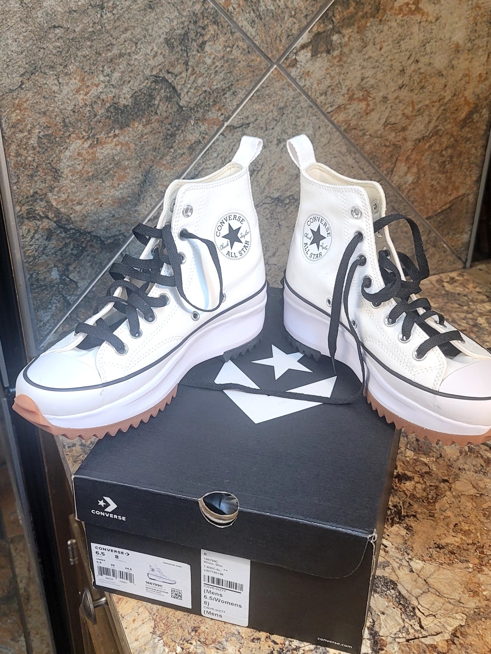 Converse White High Top Platform Sneakers with Black Laces